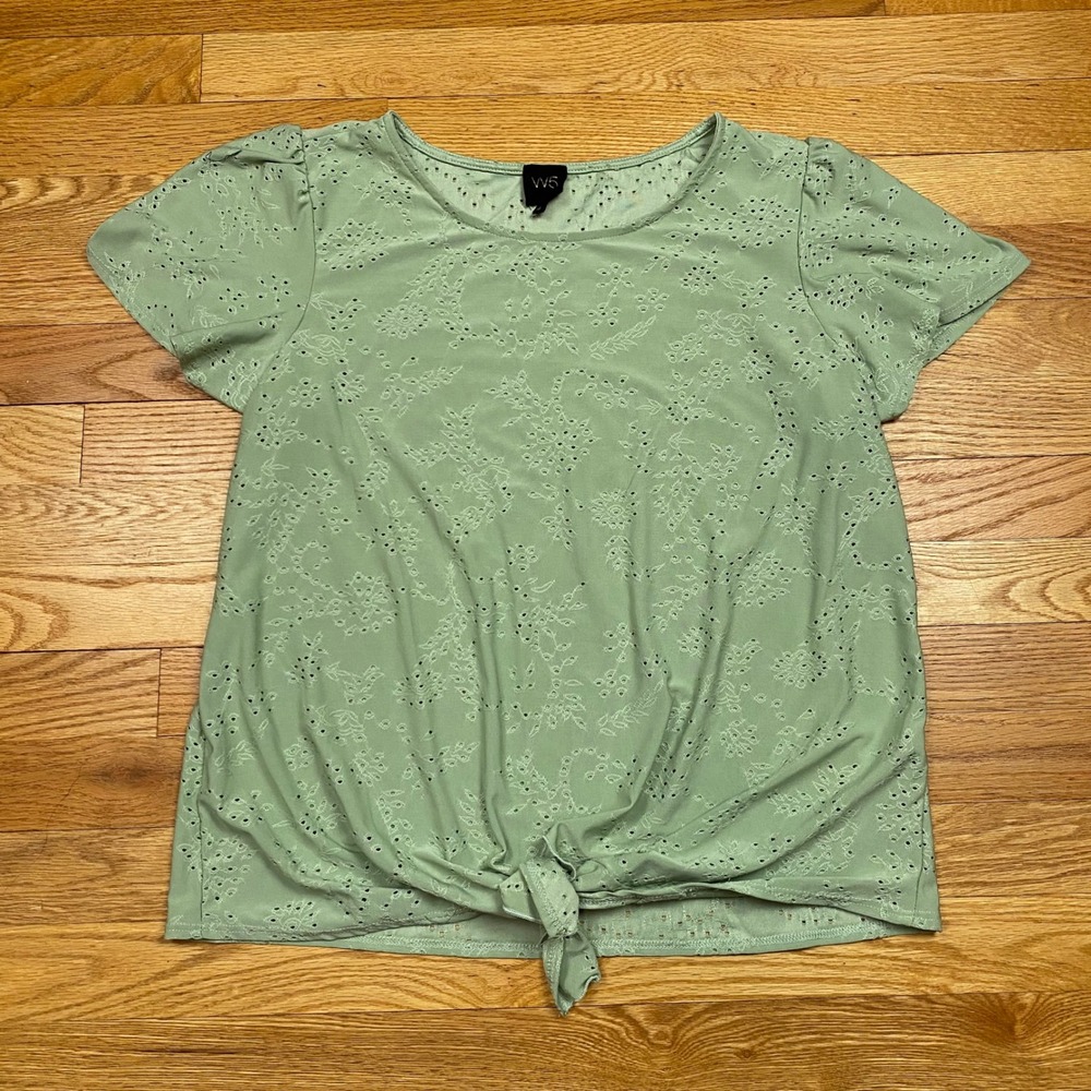 W5 Eyelet Tie Front Top Womens XL Sage Green‎ Short Sleeve Cottagecore Boho